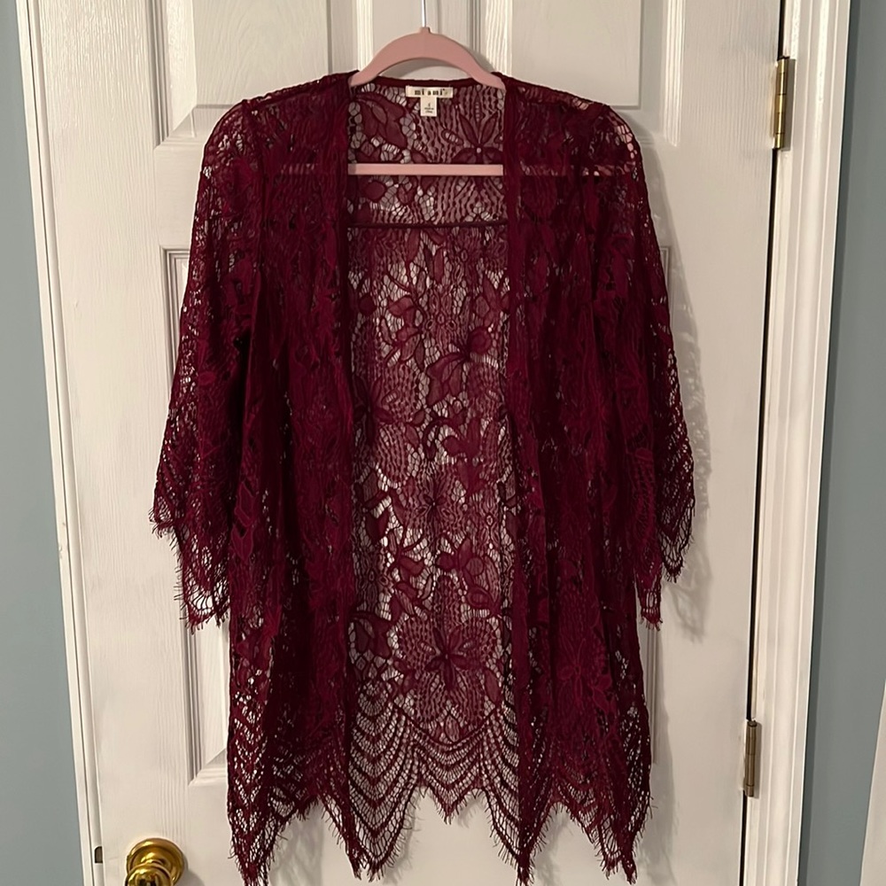 Burgundy/maroon colored see through light cardigan